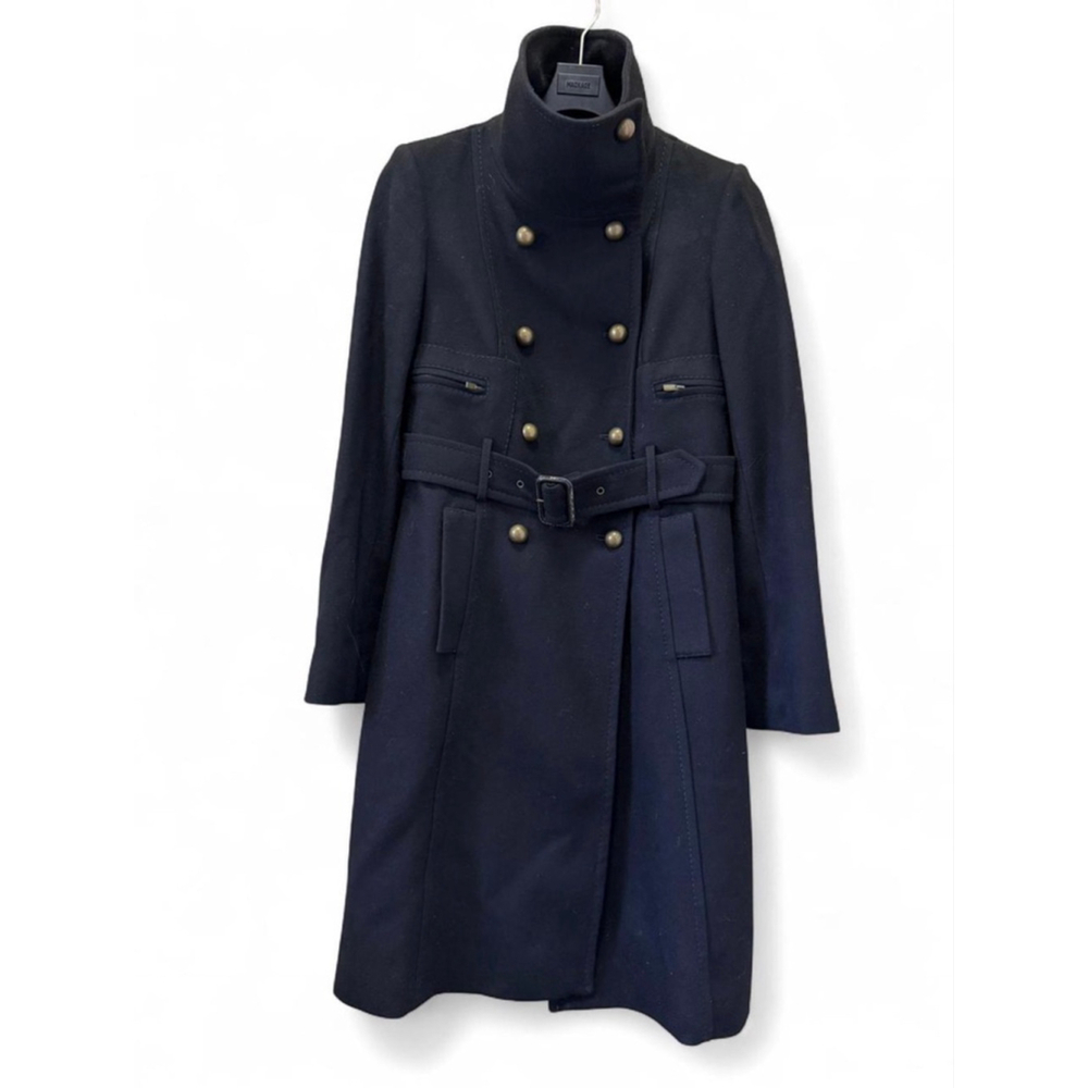BCBGMAXAZRIA Women's Virgin Wool Blend Black Belted Pea Coat size S